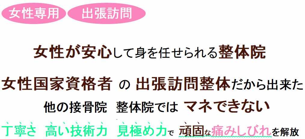 頑固な痛みしびれなら女性専用 出張訪問の整体院。女性国家資格者の出張訪問整体。丁寧さ 高い技術力 見極め力で患者さんから圧倒的に支持。オーダーメイドの整体で痛みしびれを解放します。